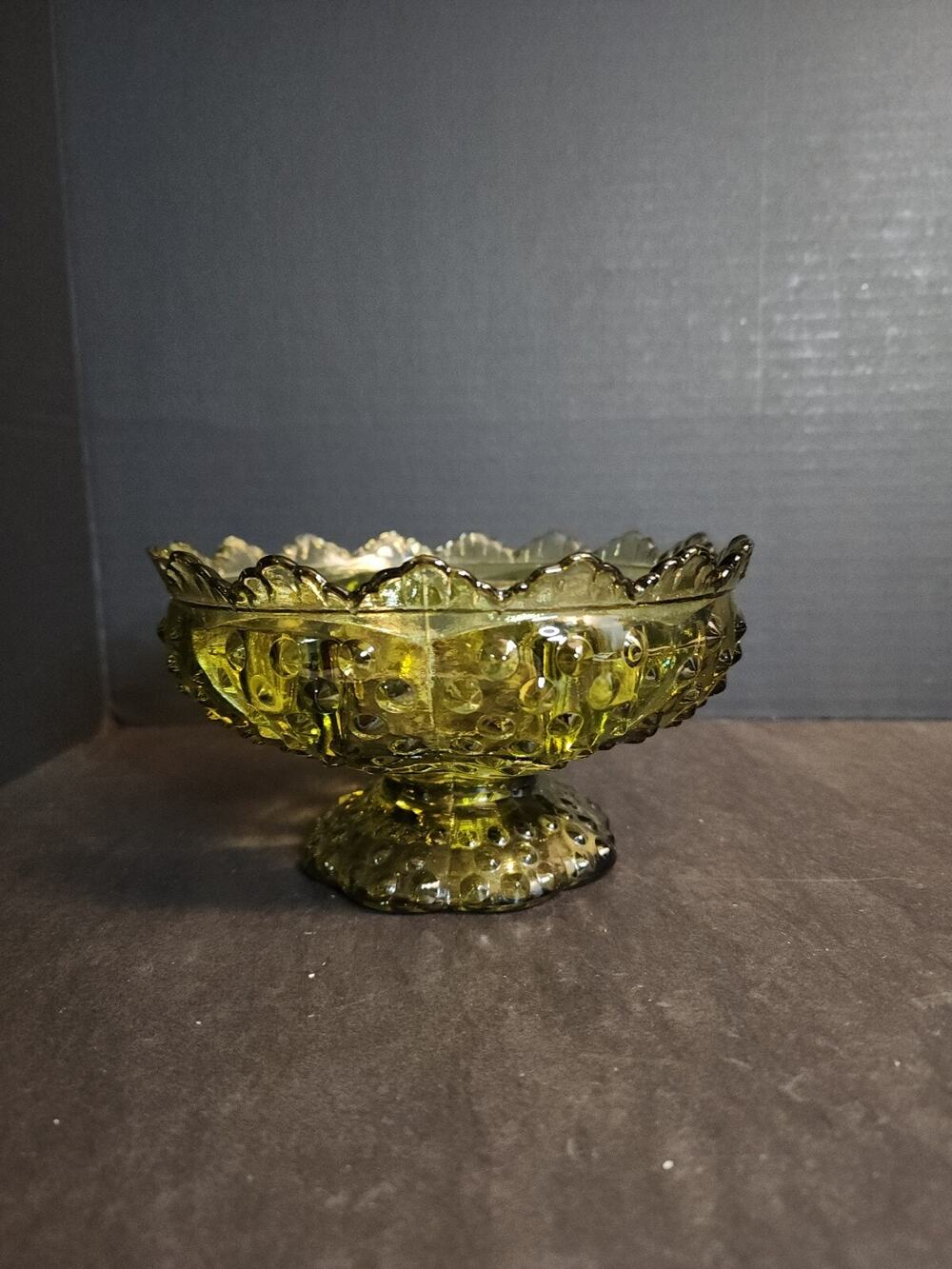 Vtg Fenton Colonial Green Hobnail Glass Pedestal Flower Bowl 6 Candle Holder
